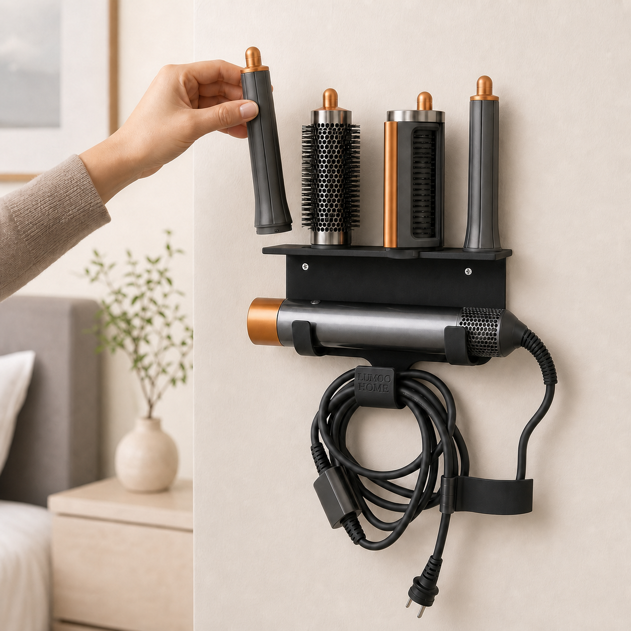 Airwrap wall mount in use – LuMoo Home logo on the center hook