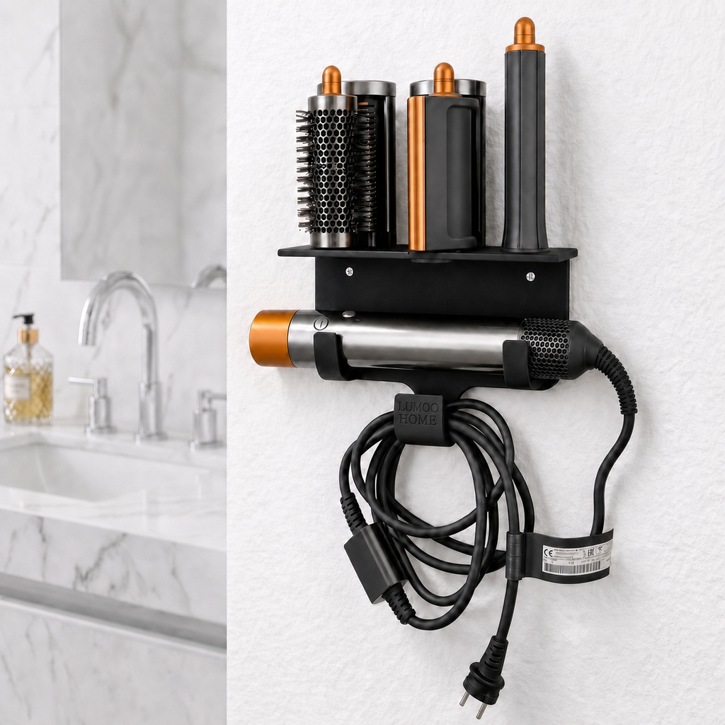 Wandhalterung kompatibel mit Dyson Airwrap – LuMoo Home Logo auf dem mittleren Haken