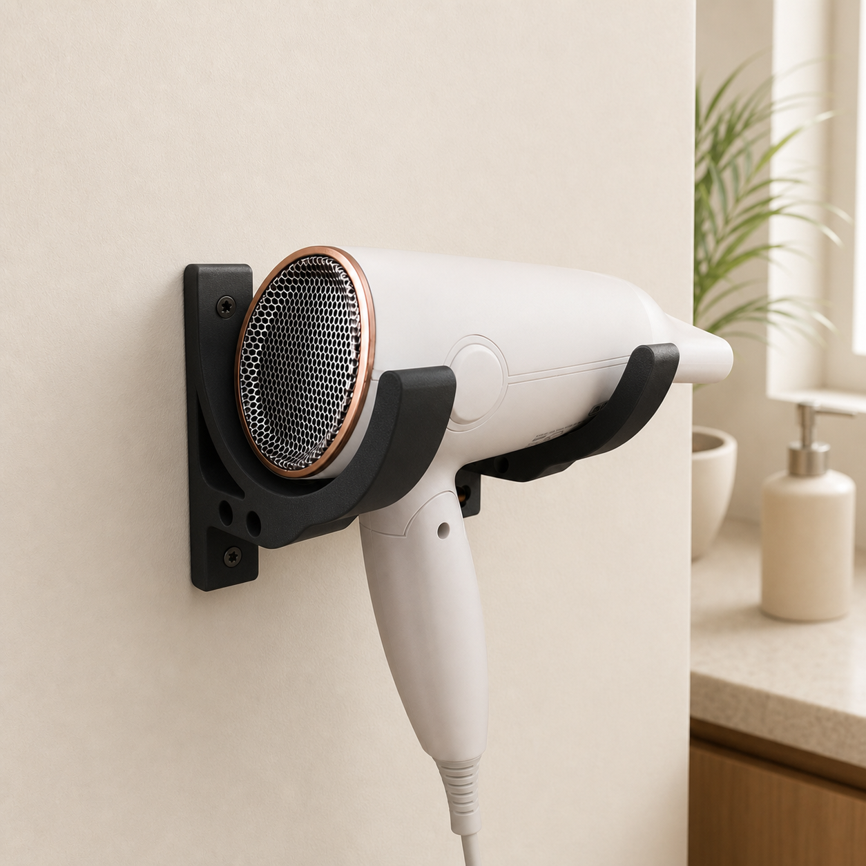 Wall-mounted hair dryer holder with plug storage – Beige color variant