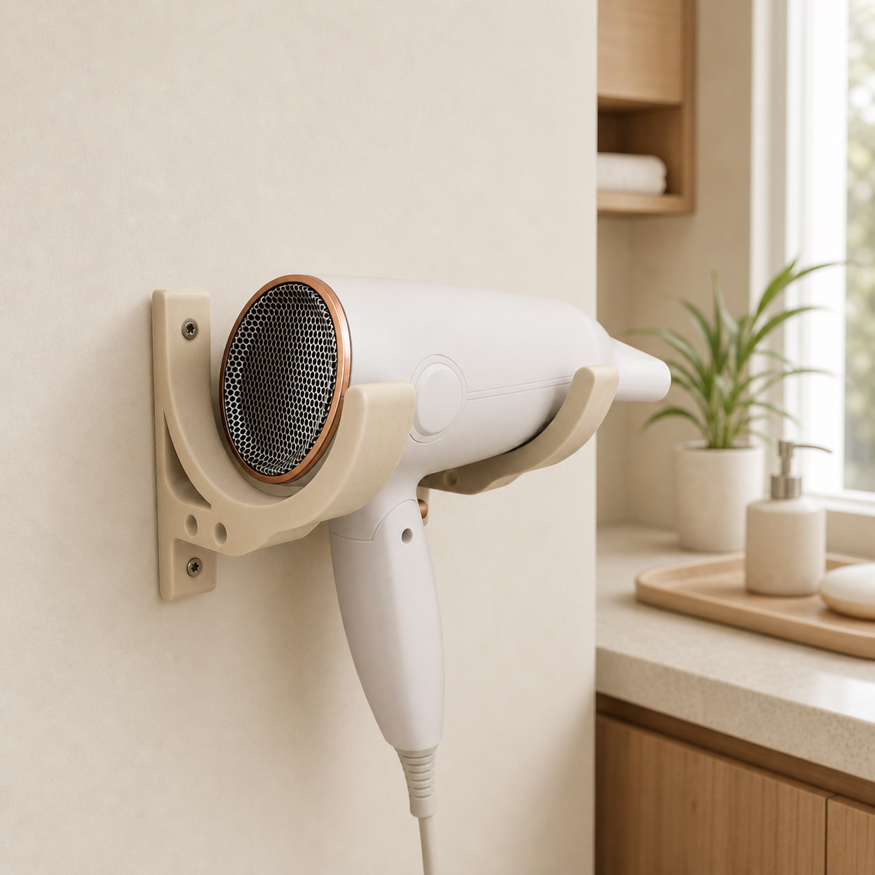 Wall-mounted hair dryer holder with plug storage – Gray color variant