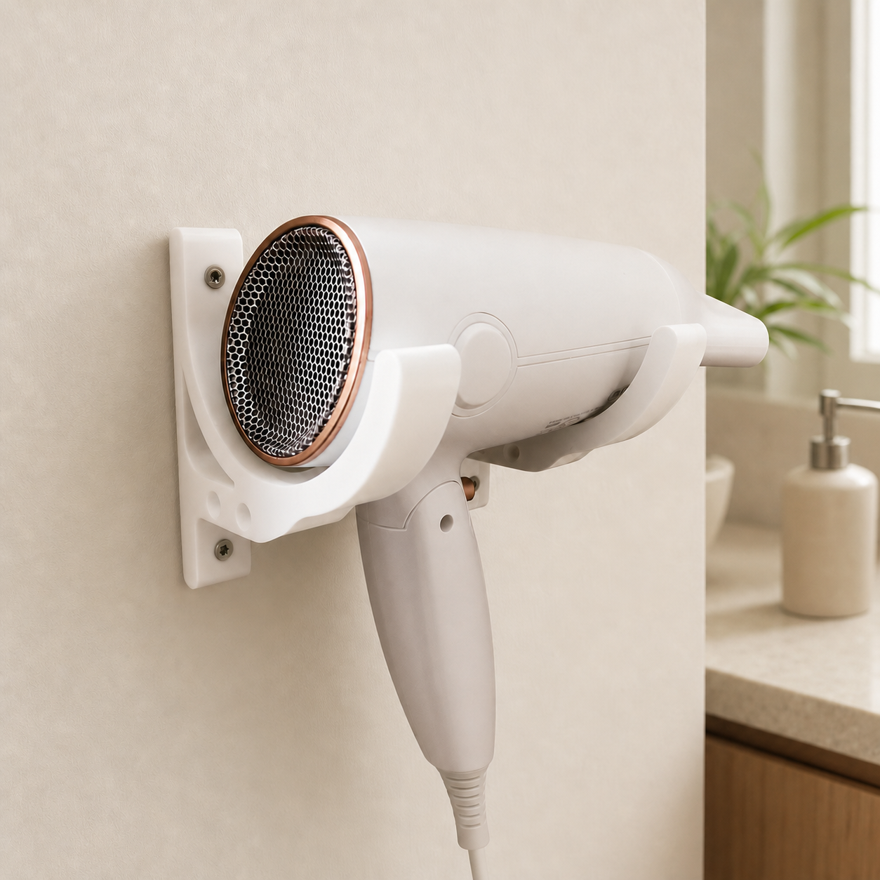 Wall-mounted hair dryer holder with plug storage – White color variant