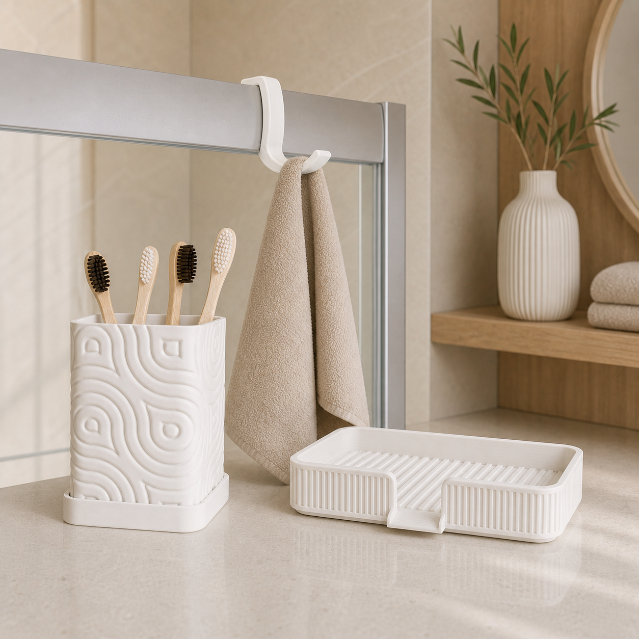 Bathroom organization bundle with toothbrush holder, towel hook, and soap holder