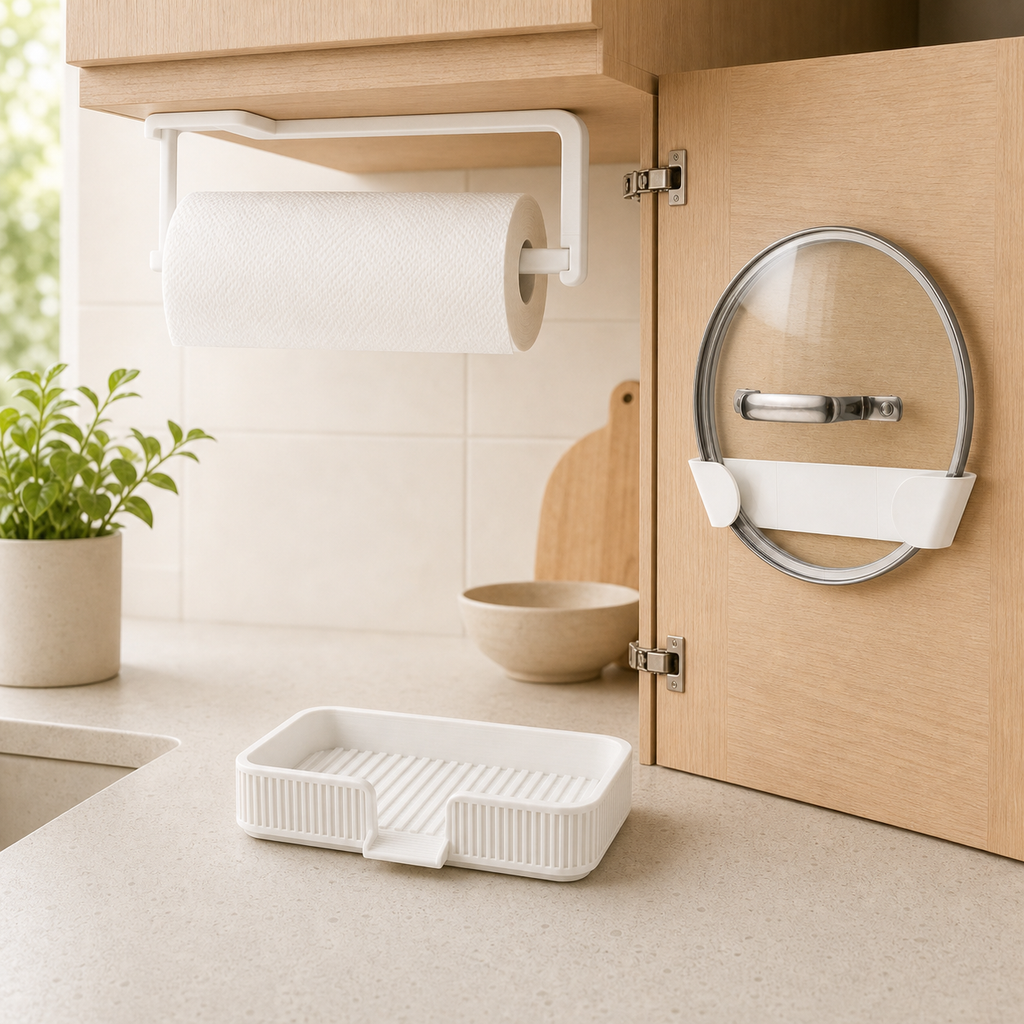 Kitchen organization bundle with paper towel holder, pot lid holder, and soap holder