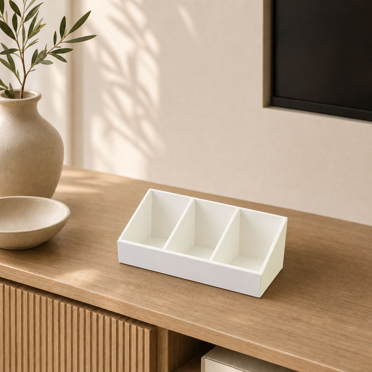 Remote control organizer with 3 compartments – White color variant