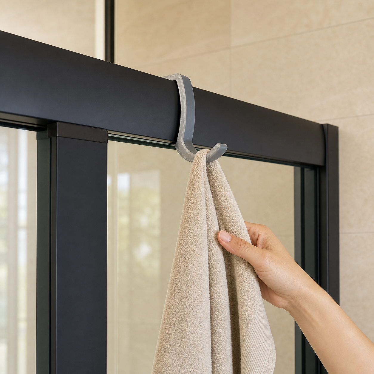Towel hook for shower frames in use while hanging a towel
