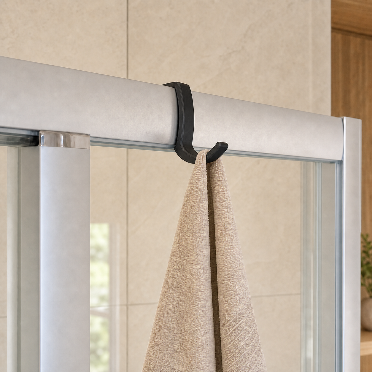 Towel hook for shower frames – Black color variant, compact design