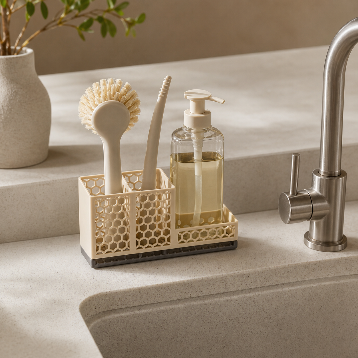 Sink organizer with drainage base – beige honeycomb basket with dishwashing essentials
