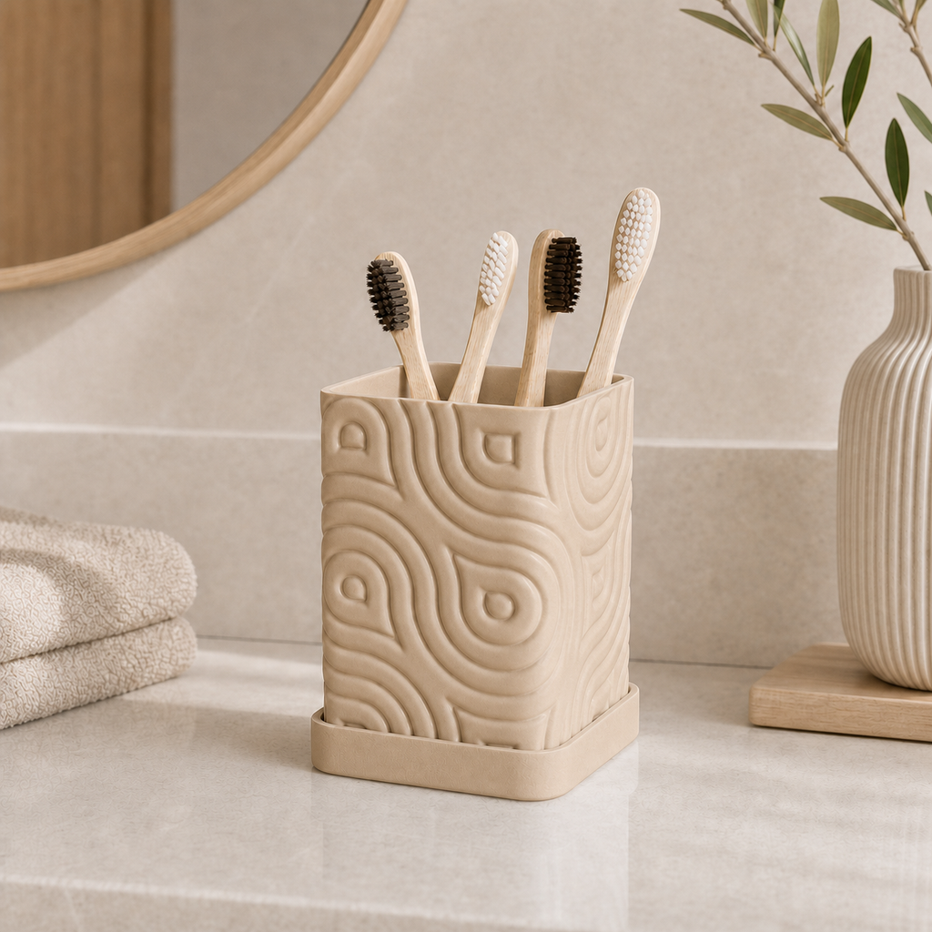 Zahnbürstenhalter mit Abtropfschale – Beige in viereckiger Form